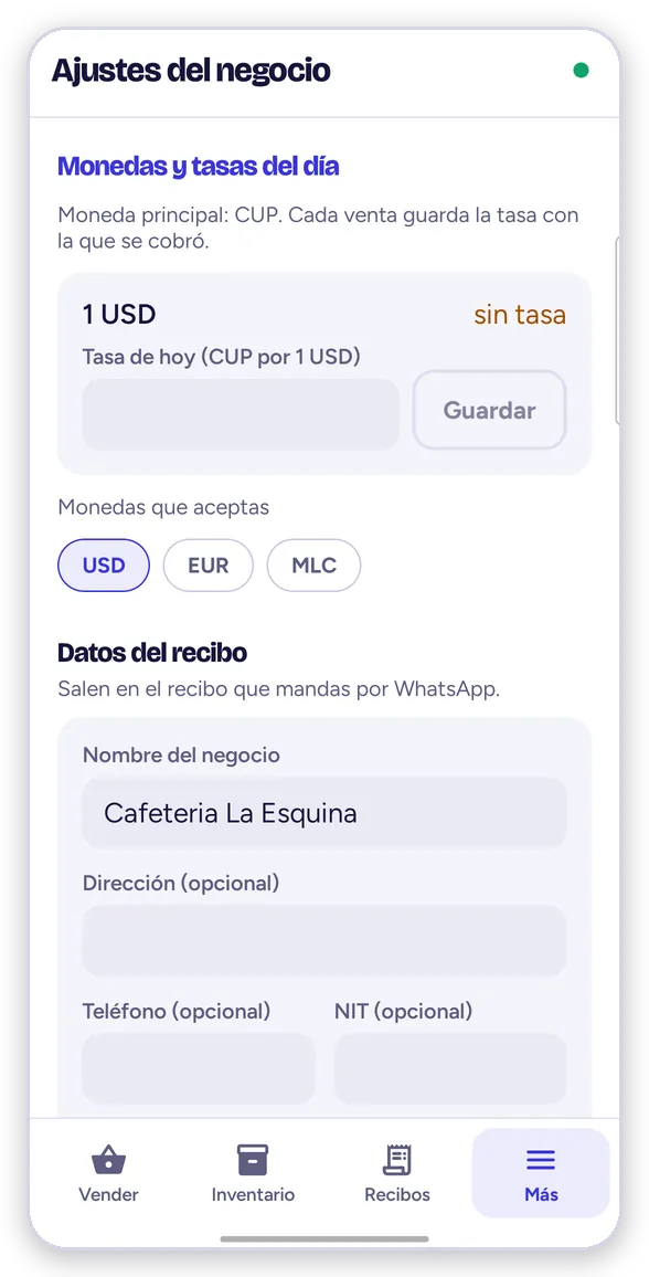 Ajustes del negocio: monedas, tasas y datos del recibo