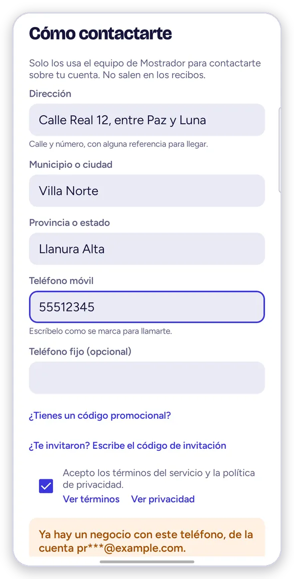 Aviso: ya hay un negocio con este teléfono