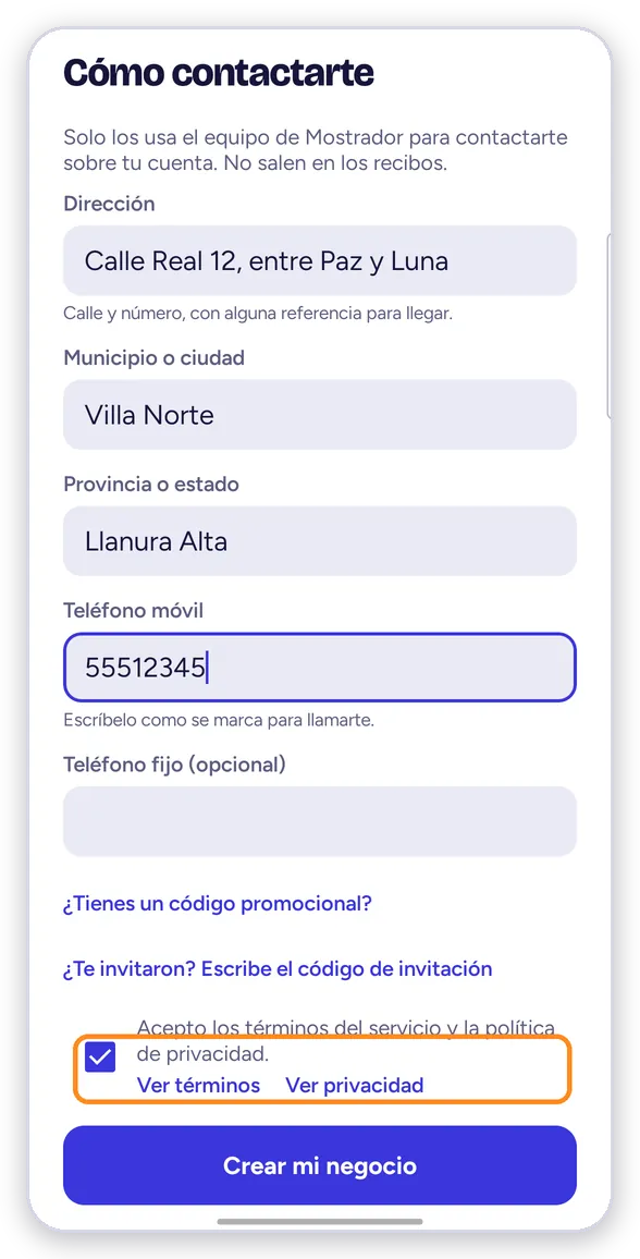 Paso 3: datos de contacto y aceptar los términos