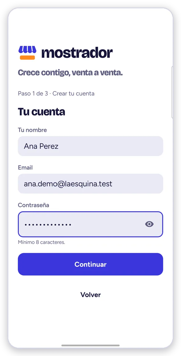 Paso 1: tu nombre, email y contraseña
