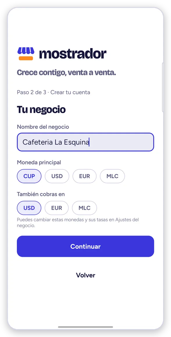 Paso 2: nombre del negocio y monedas