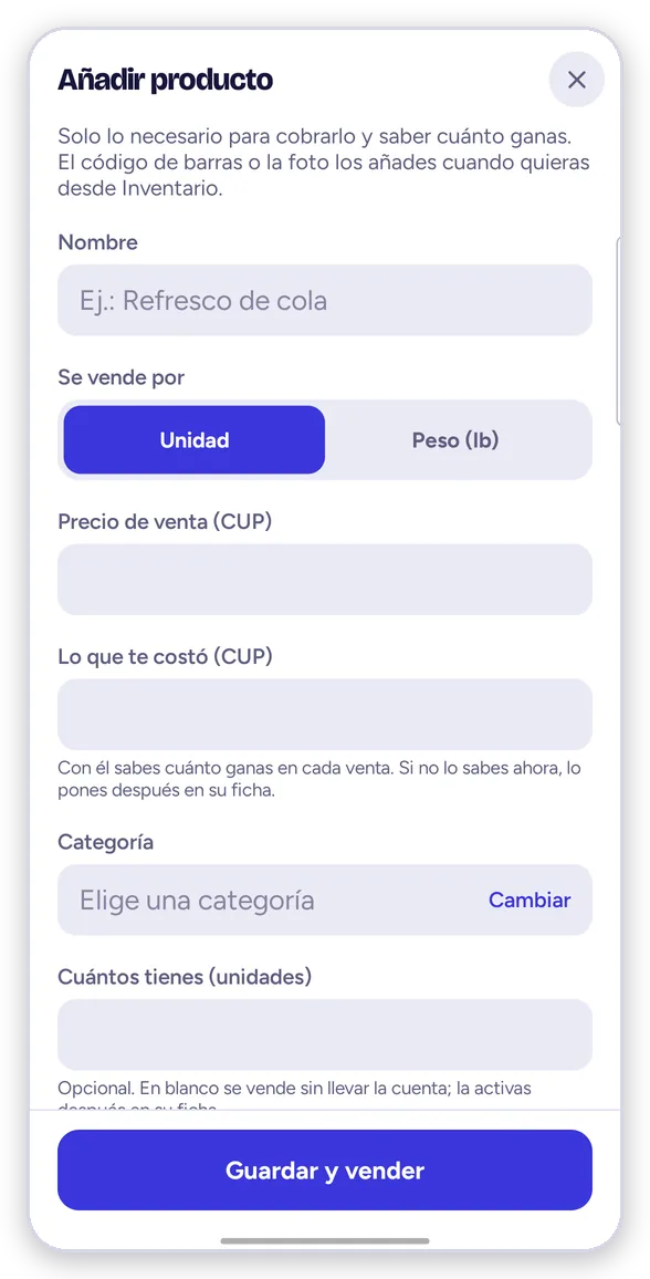 Añadir un producto: nombre, precio, costo y categoría