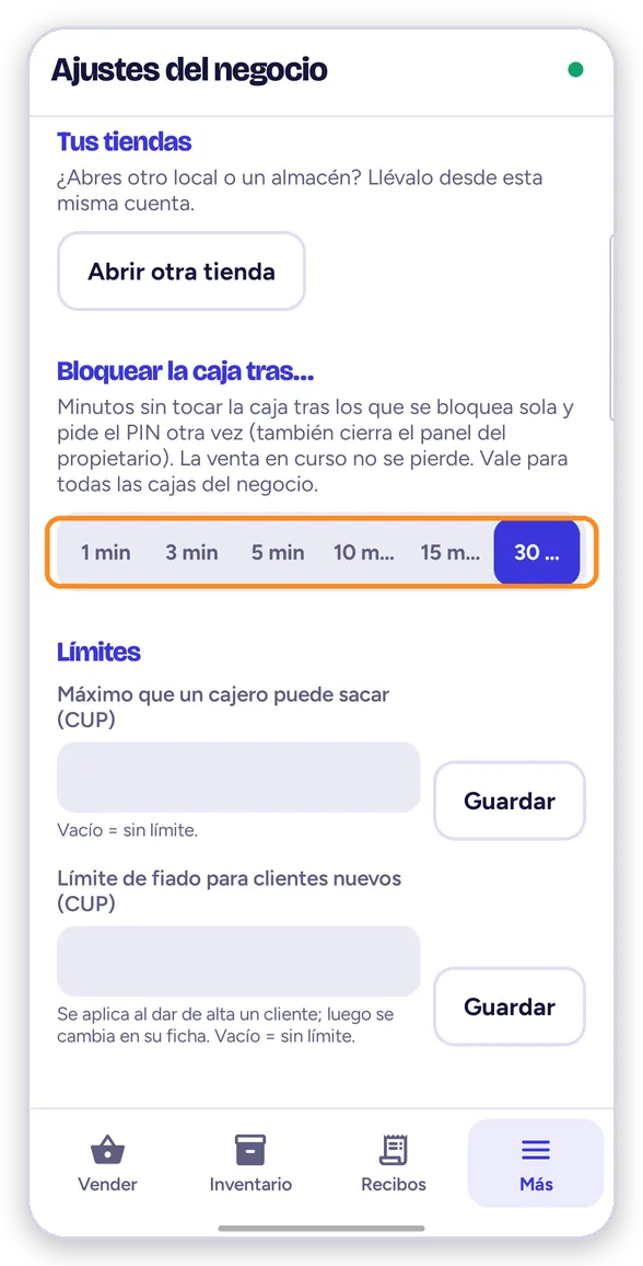 Bloquear la caja tras 1, 3, 5, 10, 15 o 30 minutos