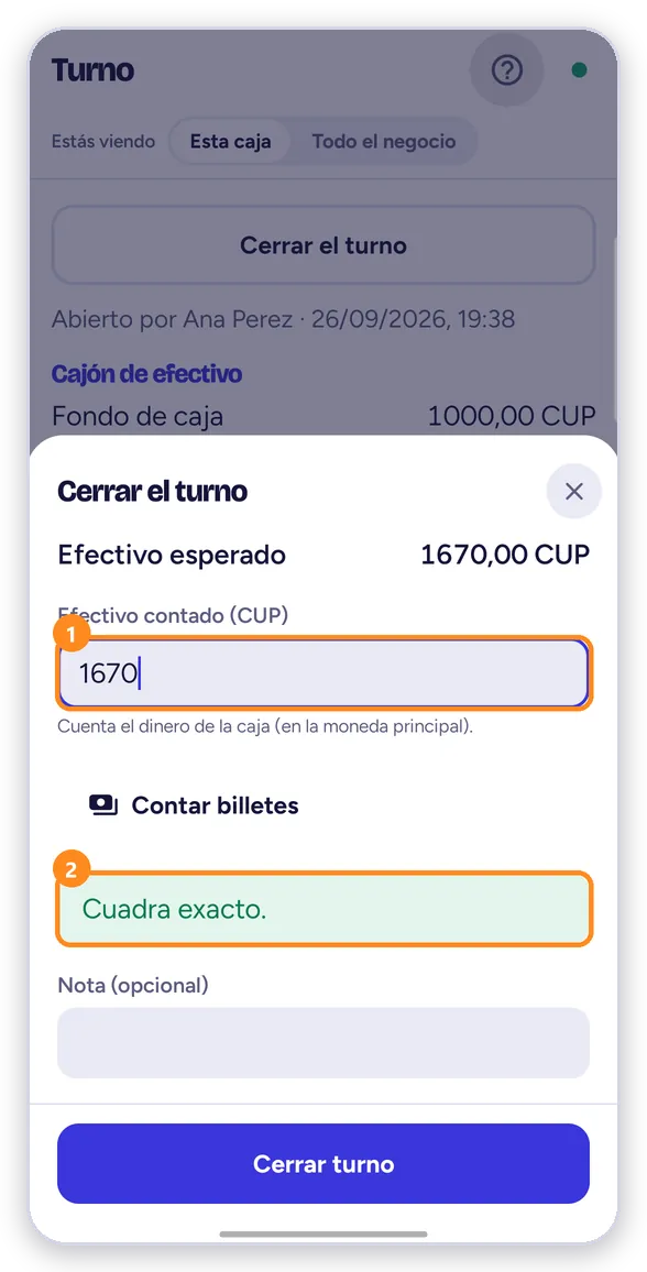 Efectivo contado: cuadra exacto