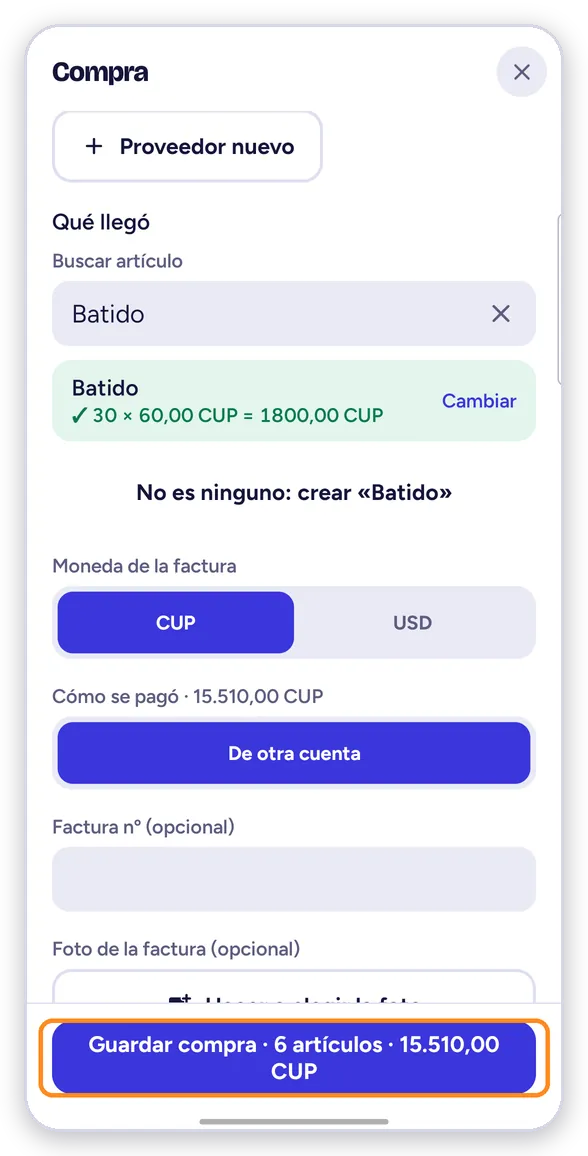 Compra con varios artículos y Guardar compra