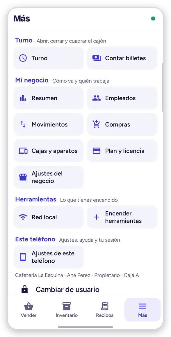 El menú Más: turno, mi negocio, herramientas y este teléfono