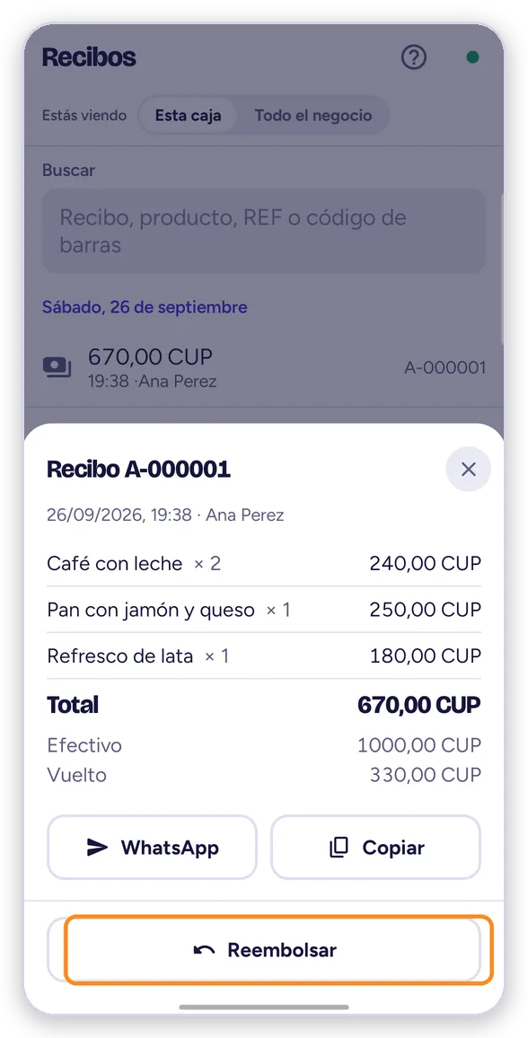 El recibo con su detalle y el botón Reembolsar