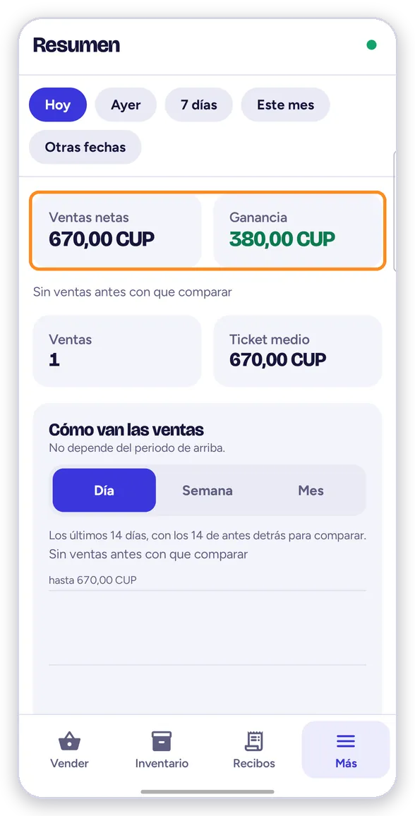 Resumen: ventas netas, ganancia, ventas y ticket medio