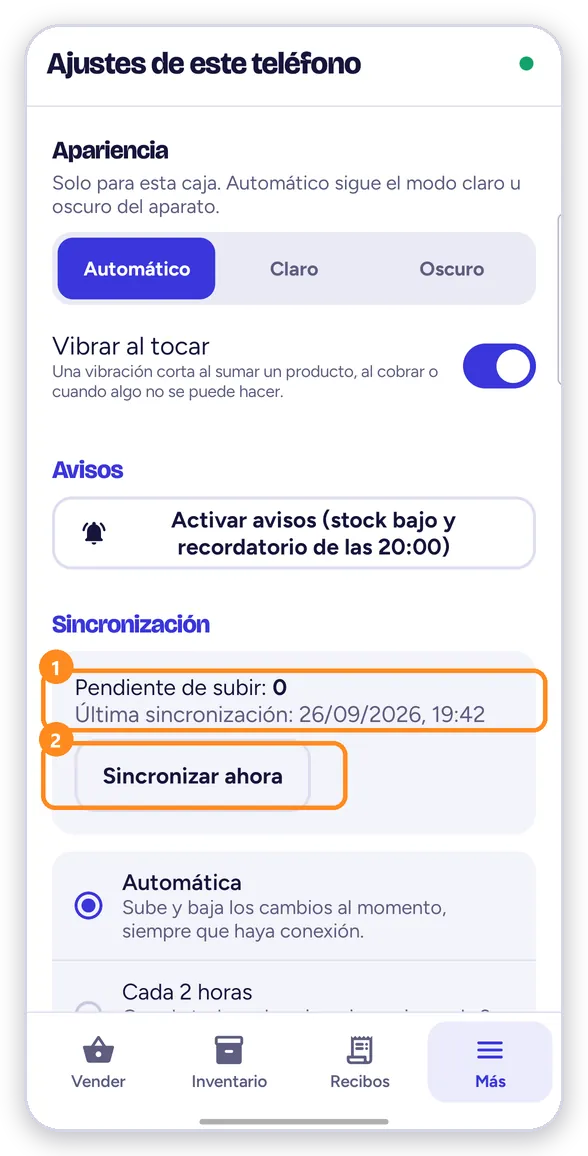 Pendiente de subir y Sincronizar ahora