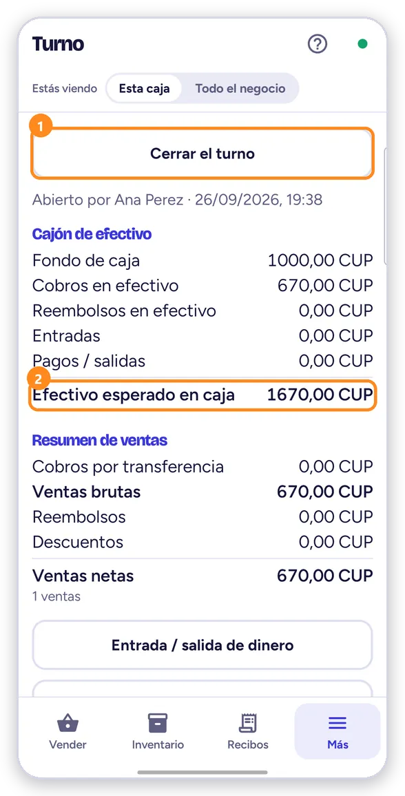 El turno: Cerrar el turno y el efectivo esperado
