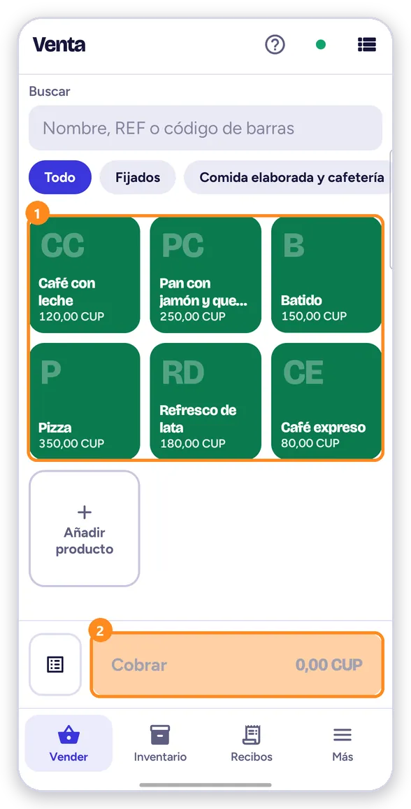 Toca los productos y pulsa Cobrar